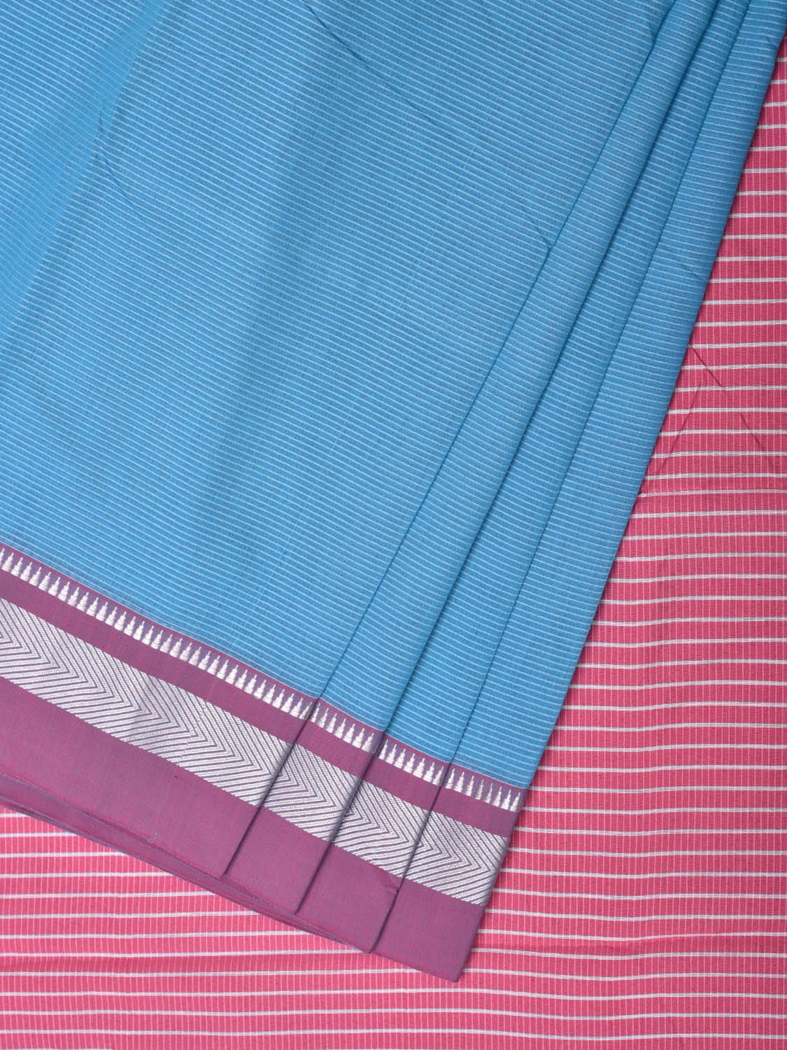 Blue and Pink Bamboo Cotton Saree with Strips Design No Blouse - Global Threads | Swadesiicart
