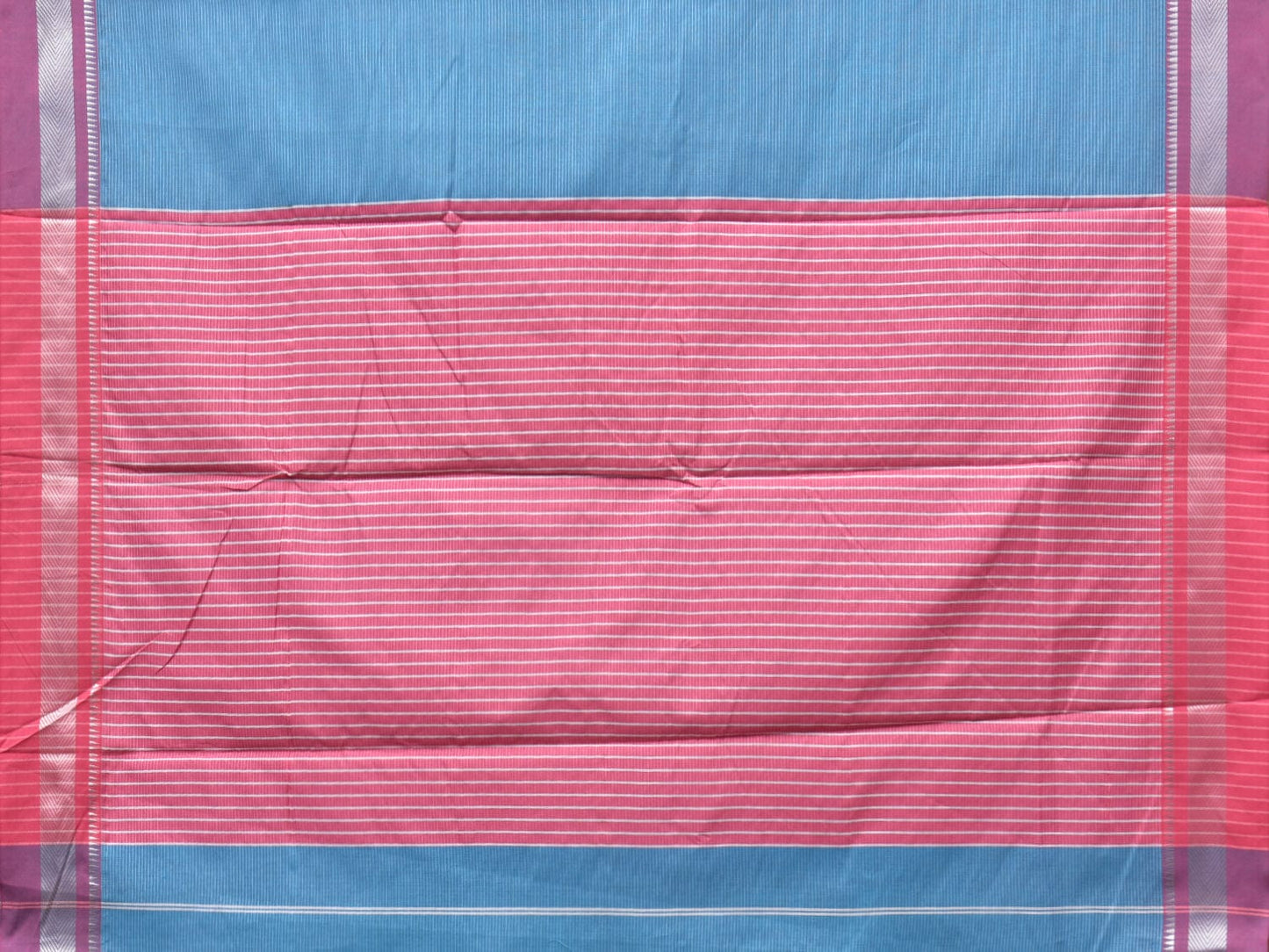 Blue and Pink Bamboo Cotton Saree with Strips Design No Blouse - Global Threads | Swadesiicart