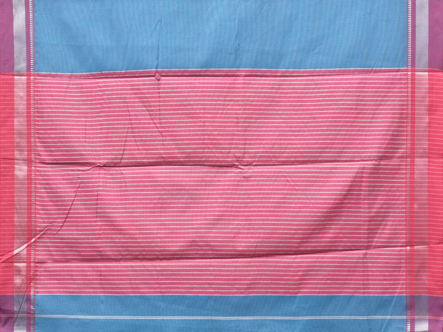 Blue and Pink Bamboo Cotton Saree with Strips Design No Blouse - Global Threads | Swadesiicart