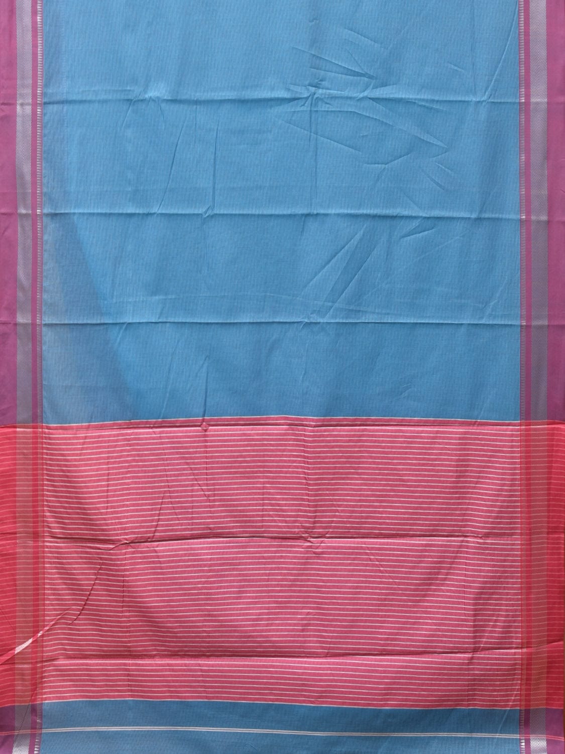 Blue and Pink Bamboo Cotton Saree with Strips Design No Blouse - Global Threads | Swadesiicart