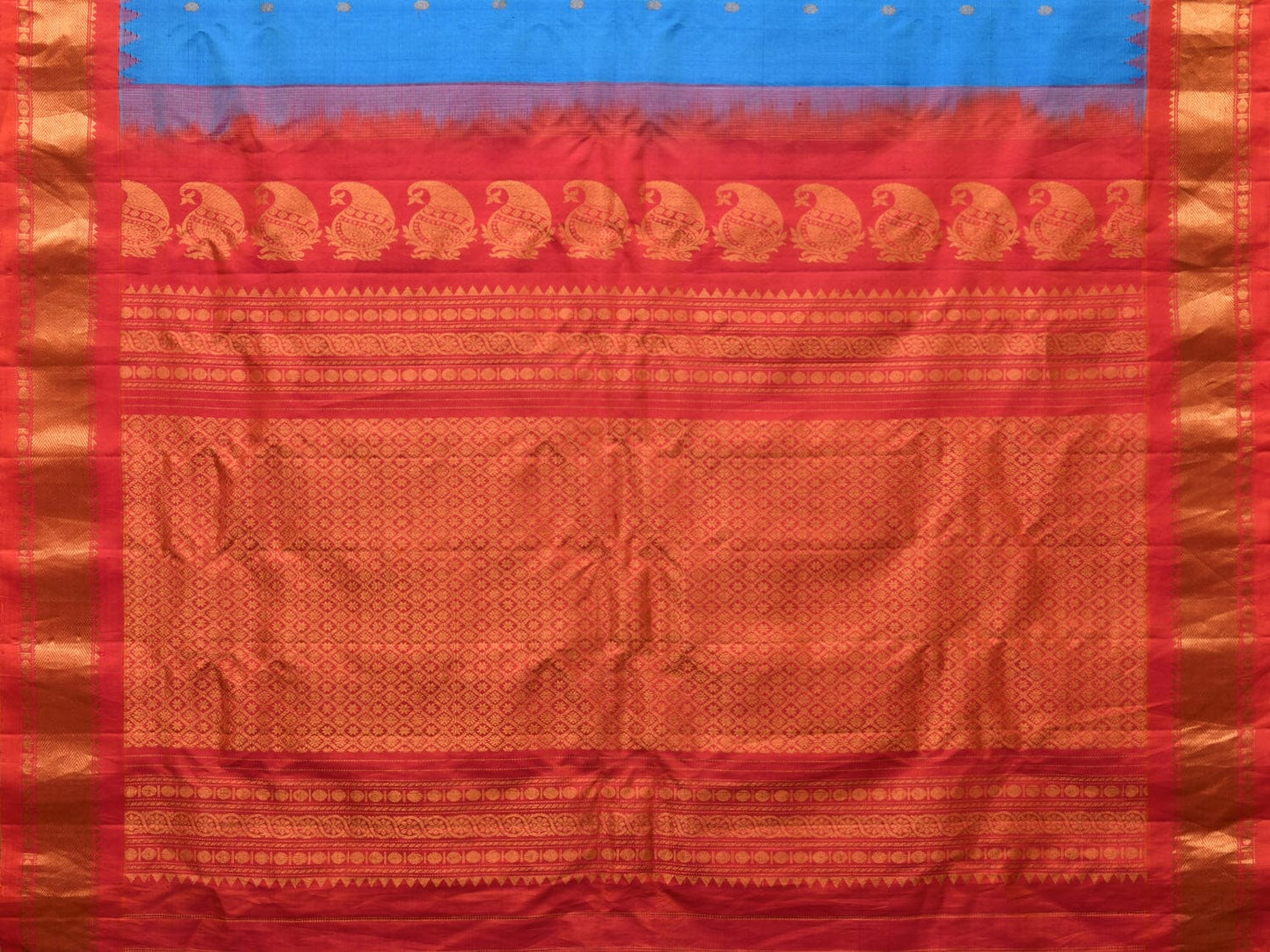Blue and Red Gadwal Silk Handloom Saree with Mango Pallu Design - Global Threads | Swadesiicart