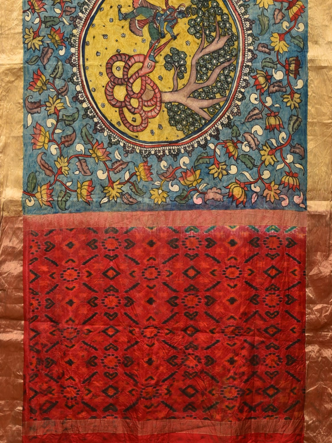 Blue and Red Kalamkari Hand Painted Ikat Silk Handloom Saree with Lotus and Krishna Design - Global Threads | Swadesiicart