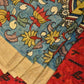 Blue and Red Kalamkari Hand Painted Ikat Silk Handloom Saree with Lotus and Krishna Design - Global Threads | Swadesiicart