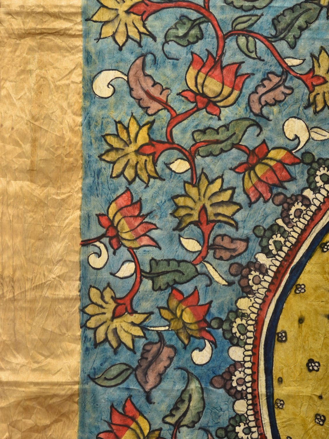 Blue and Red Kalamkari Hand Painted Ikat Silk Handloom Saree with Lotus and Krishna Design - Global Threads | Swadesiicart