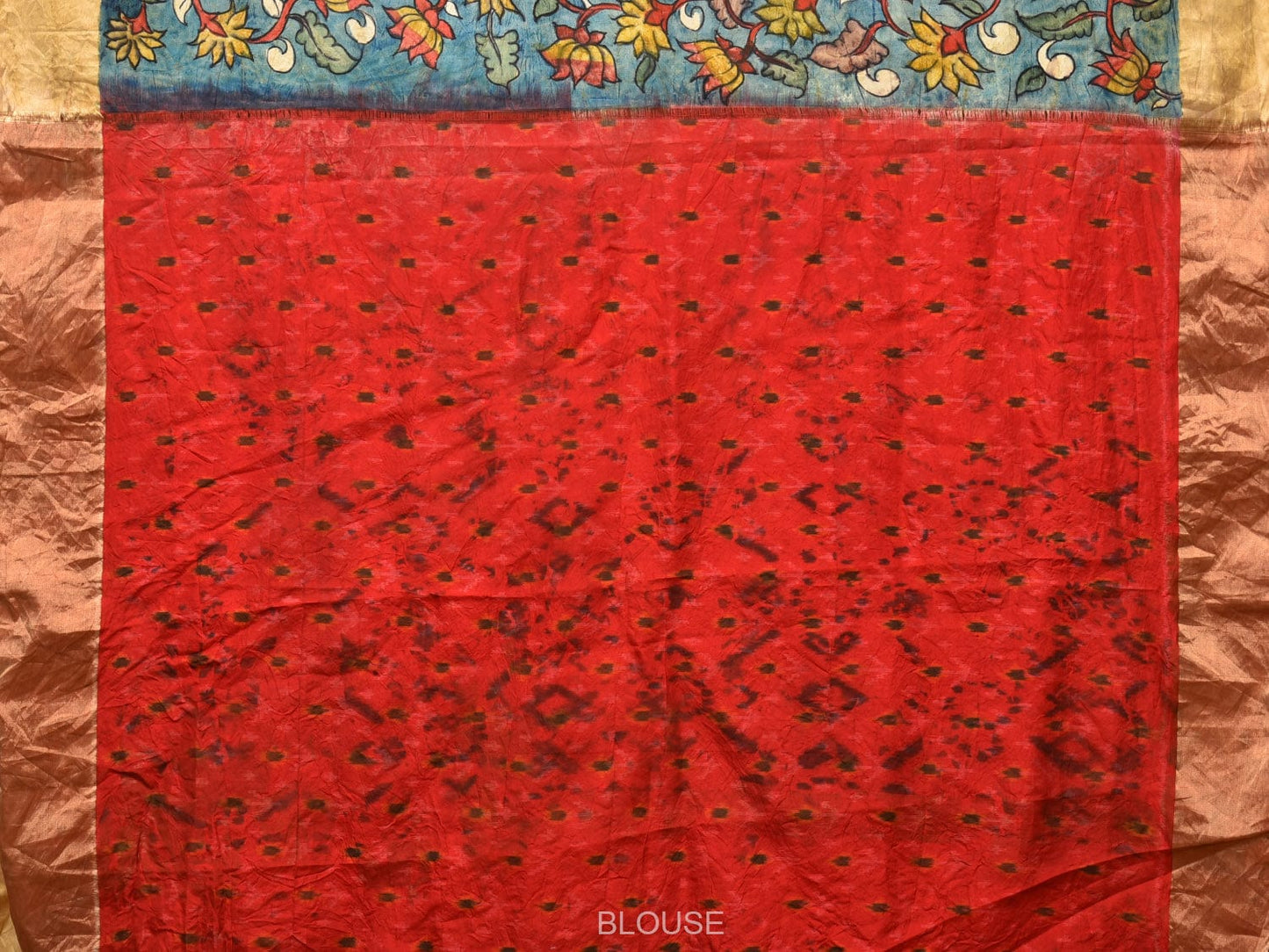 Blue and Red Kalamkari Hand Painted Ikat Silk Handloom Saree with Lotus and Krishna Design - Global Threads | Swadesiicart