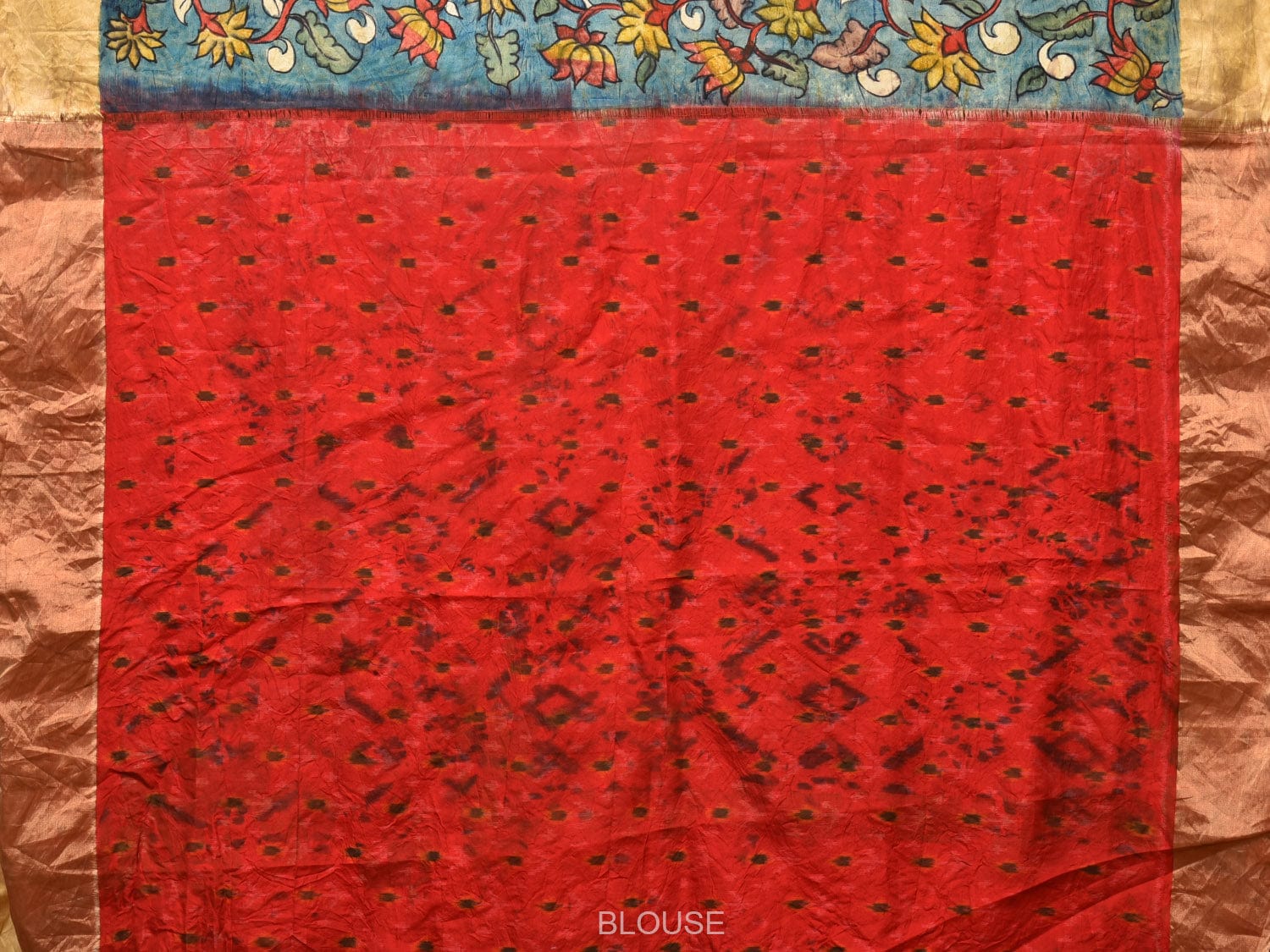 Blue and Red Kalamkari Hand Painted Ikat Silk Handloom Saree with Lotus and Krishna Design - Global Threads | Swadesiicart