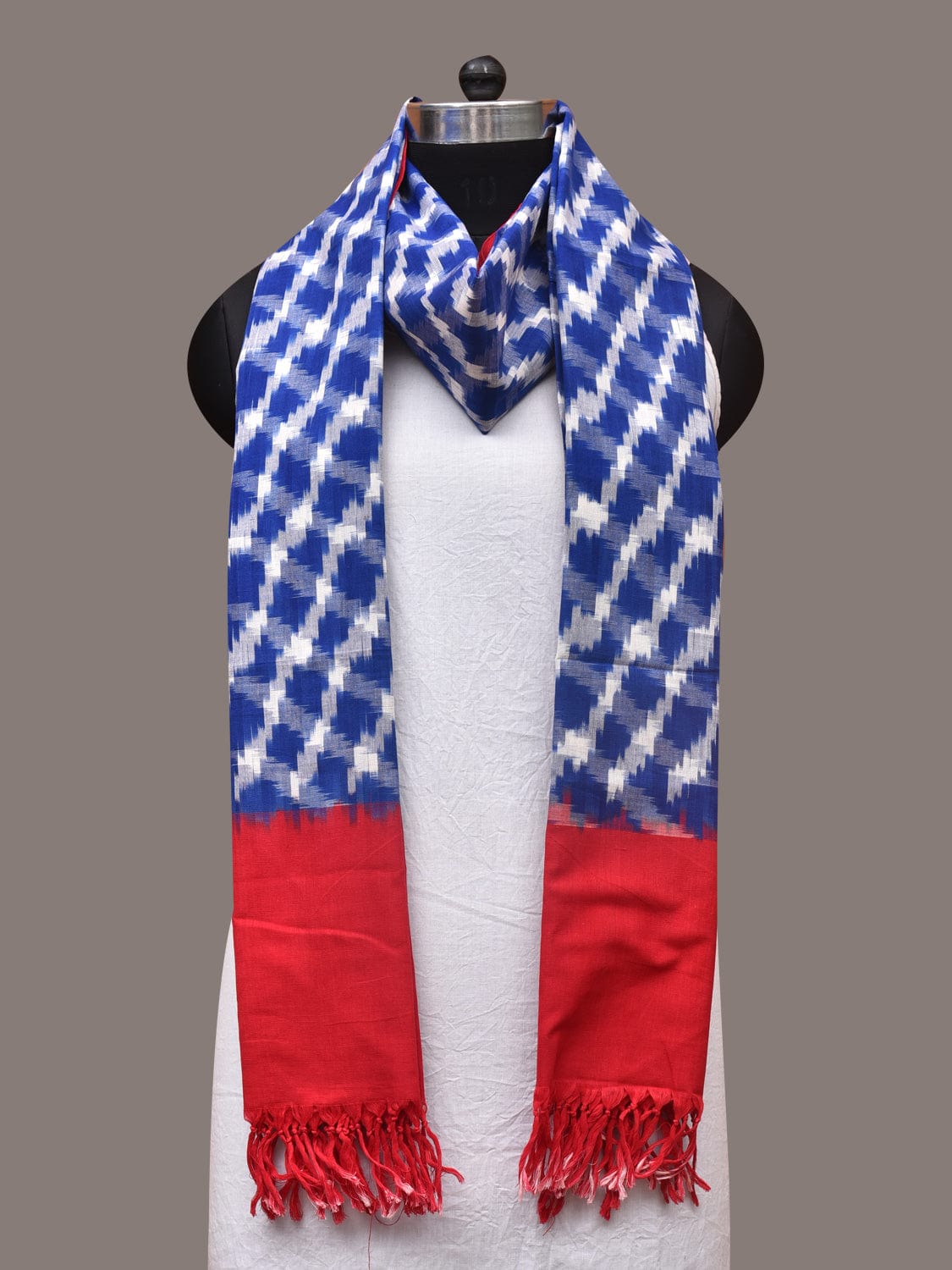 Blue and Red Pochamaplly Ikat Cotton Handloom Dupatta with Grill Design - Global Threads | Swadesiicart