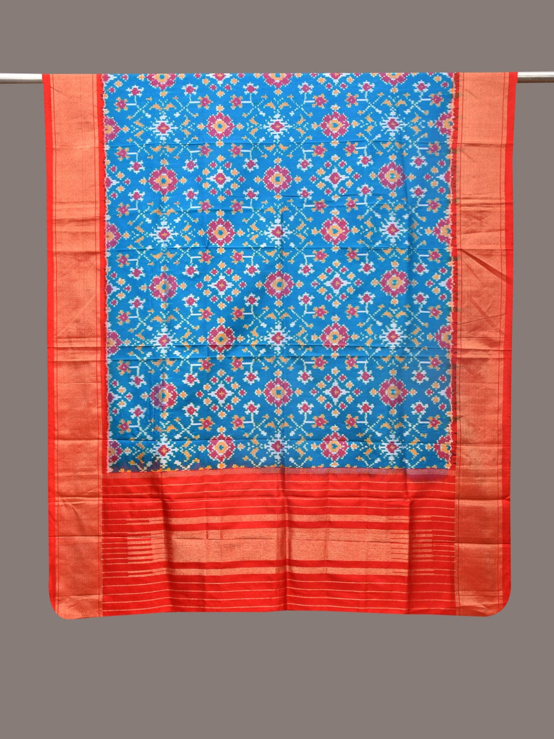 Blue and Red Pochamaplly Ikat Silk Handloom Dupatta with Geometric Design - Global Threads | Swadesiicart