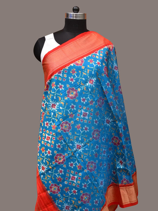 Blue and Red Pochamaplly Ikat Silk Handloom Dupatta with Geometric Design - Global Threads | Swadesiicart