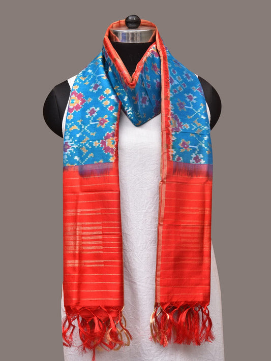 Blue and Red Pochamaplly Ikat Silk Handloom Dupatta with Geometric Design - Global Threads | Swadesiicart