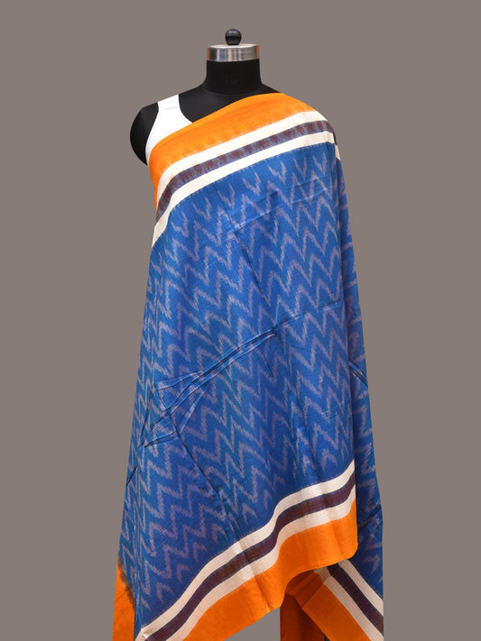 Blue and Yellow Pochamaplly Ikat Cotton Handloom Dupatta with Zig-Zag Design - Global Threads | Swadesiicart
