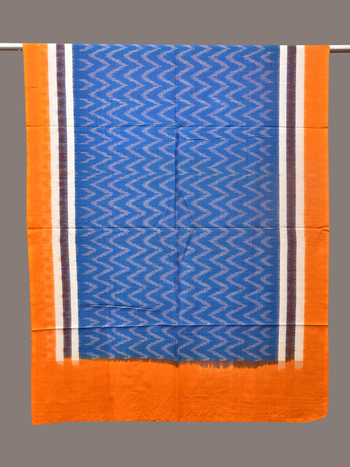 Blue and Yellow Pochamaplly Ikat Cotton Handloom Dupatta with Zig-Zag Design - Global Threads | Swadesiicart