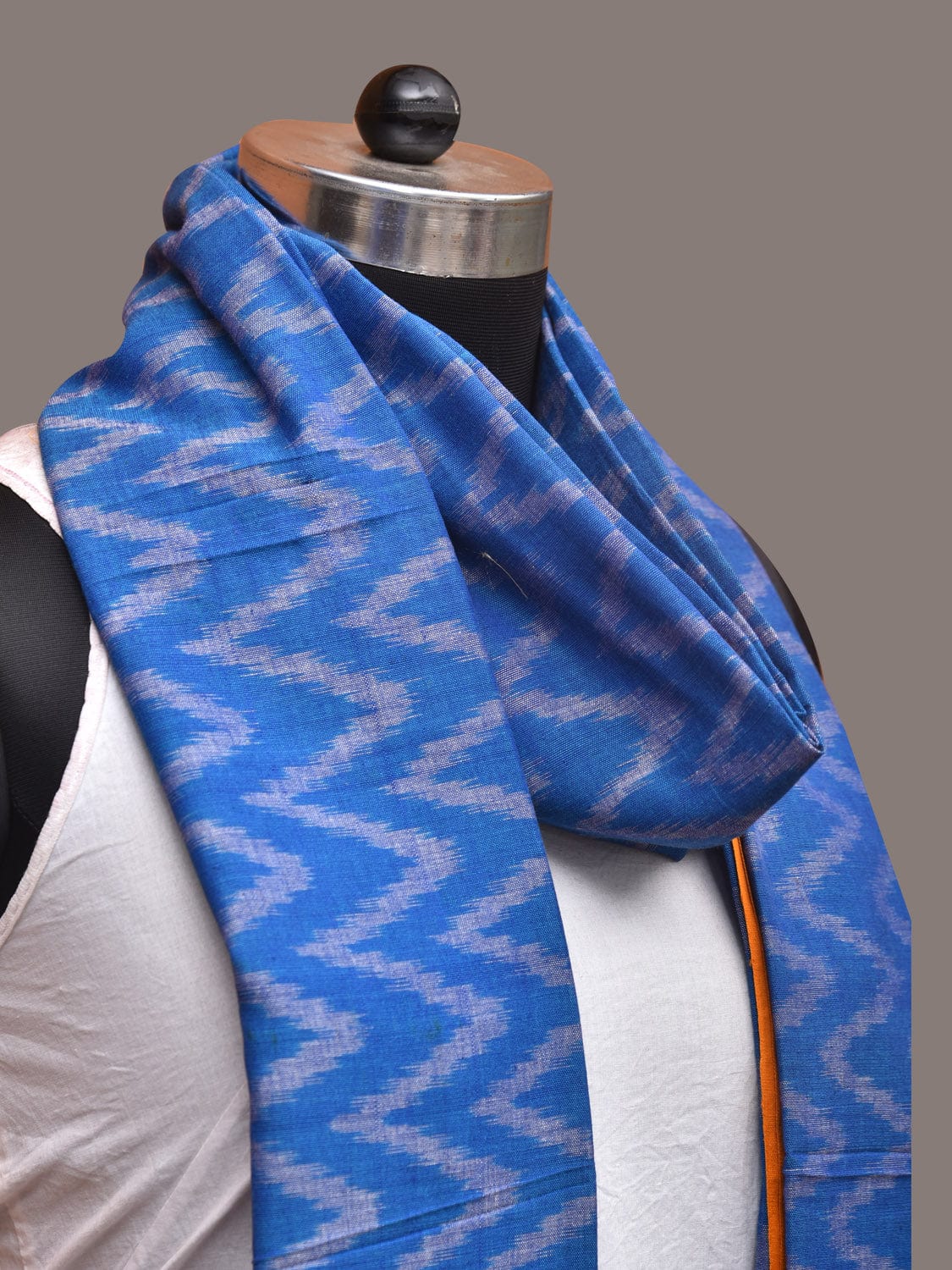Blue and Yellow Pochamaplly Ikat Cotton Handloom Dupatta with Zig-Zag Design - Global Threads | Swadesiicart