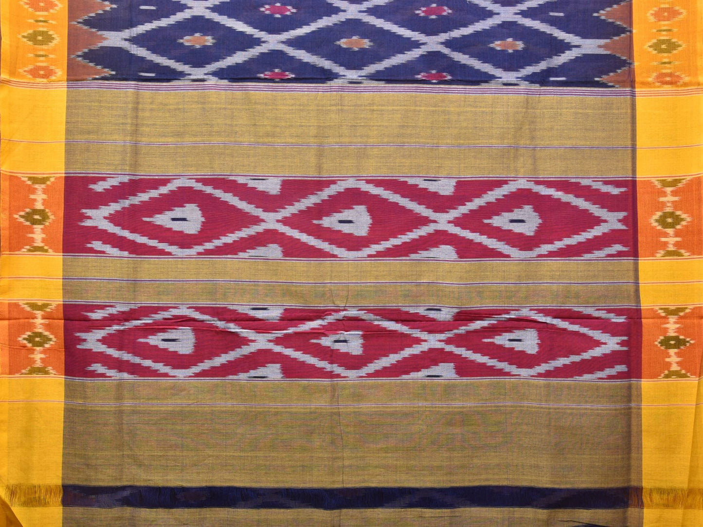 Blue and Yellow Pochampally Ikat Cotton Handloom Saree with Grill Design No Blouse - Global Threads | Swadesiicart