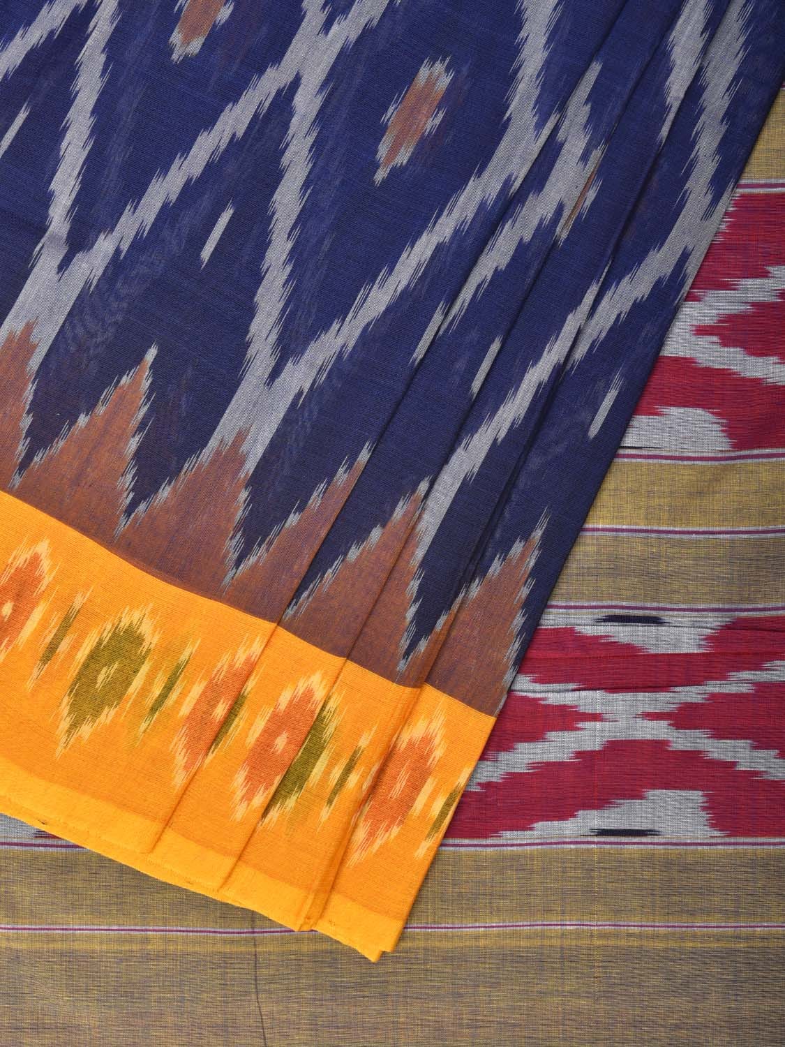 Blue and Yellow Pochampally Ikat Cotton Handloom Saree with Grill Design No Blouse - Global Threads | Swadesiicart