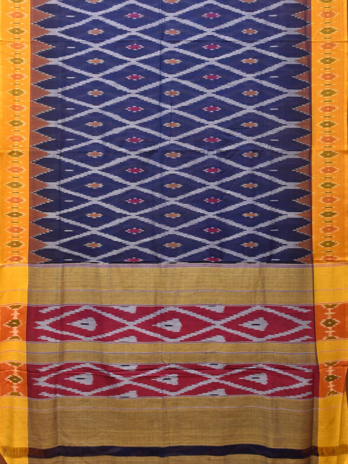 Blue and Yellow Pochampally Ikat Cotton Handloom Saree with Grill Design No Blouse - Global Threads | Swadesiicart