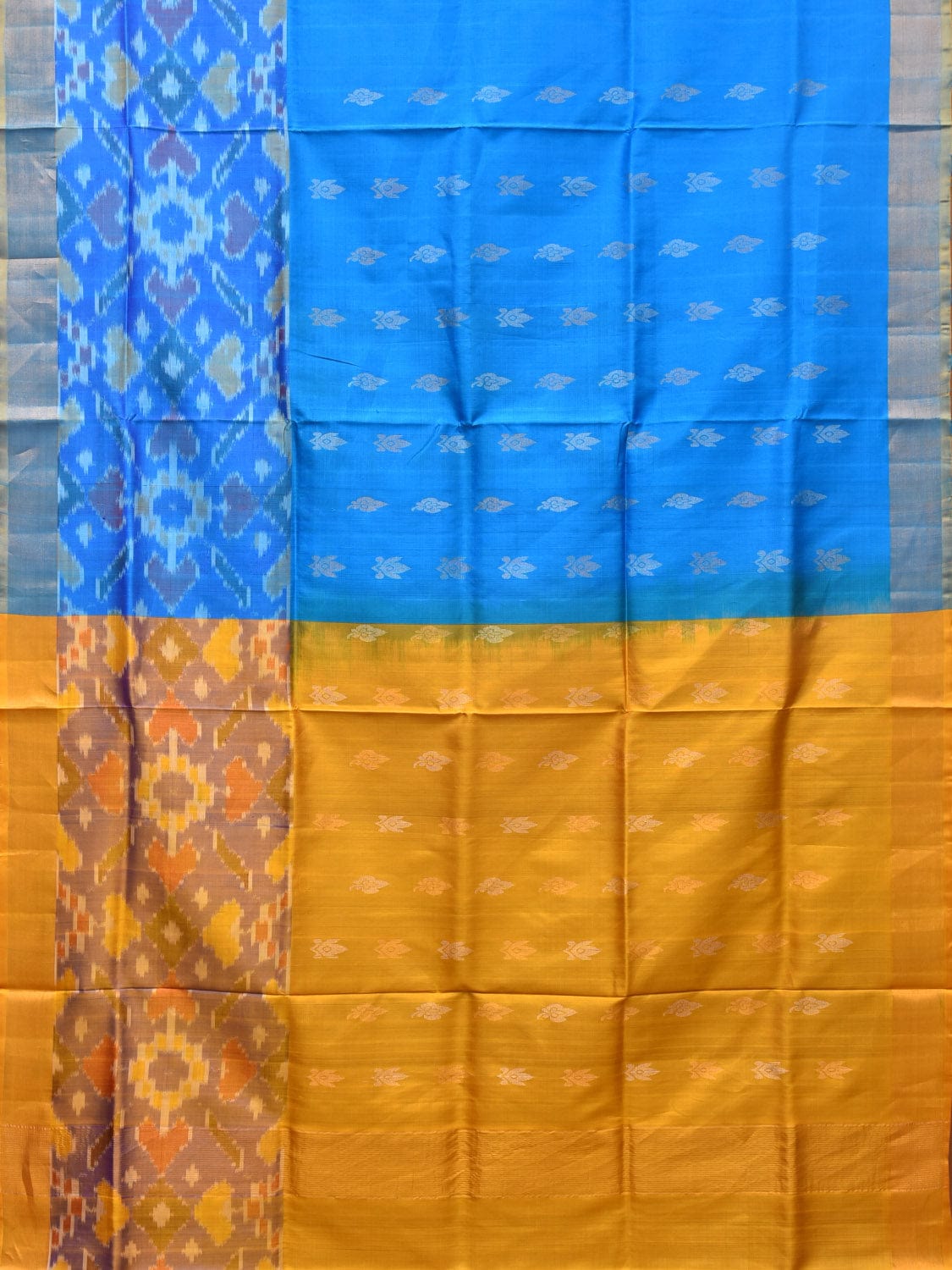 Blue and Yellow Uppada Silk Handloom Saree with Buta and Ikat Border Design - Global Threads | Swadesiicart