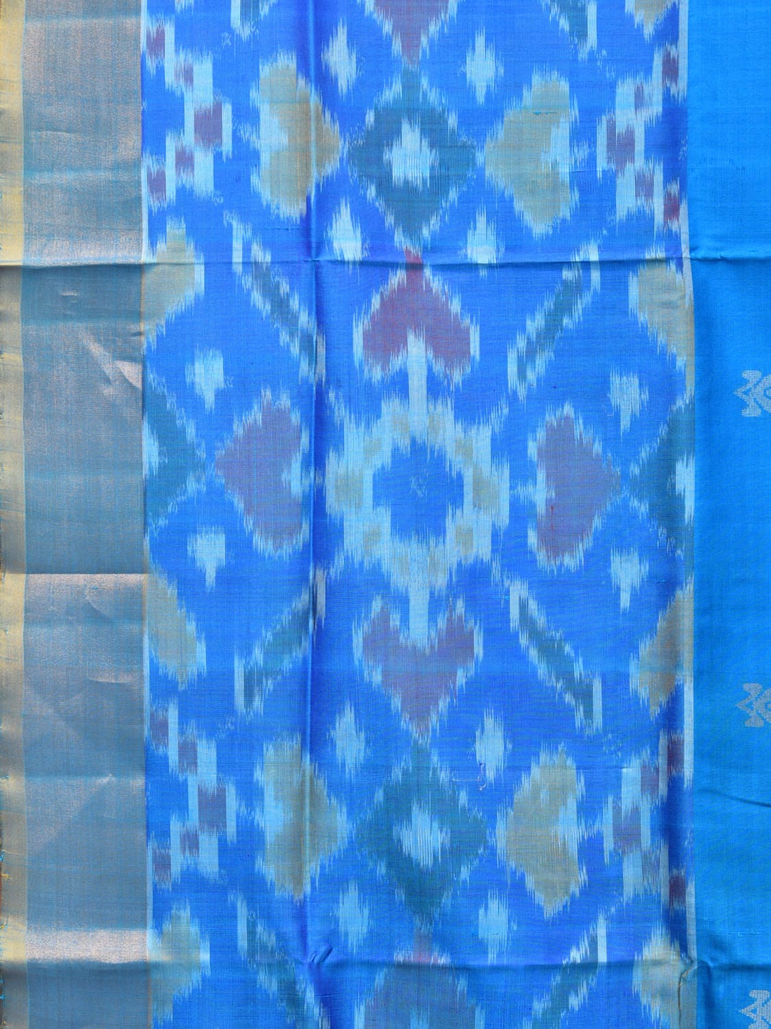 Blue and Yellow Uppada Silk Handloom Saree with Buta and Ikat Border Design - Global Threads | Swadesiicart
