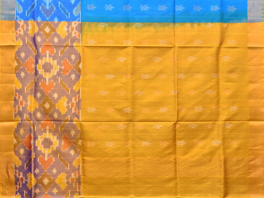 Blue and Yellow Uppada Silk Handloom Saree with Buta and Ikat Border Design - Global Threads | Swadesiicart