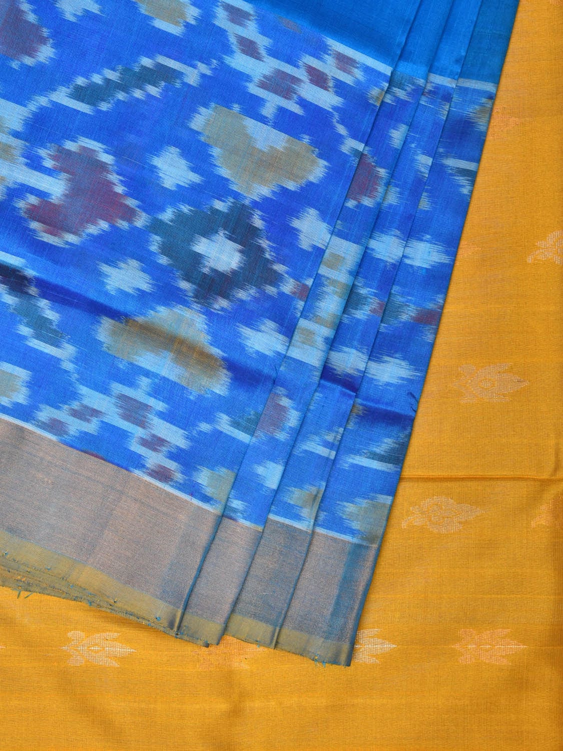 Blue and Yellow Uppada Silk Handloom Saree with Buta and Ikat Border Design - Global Threads | Swadesiicart