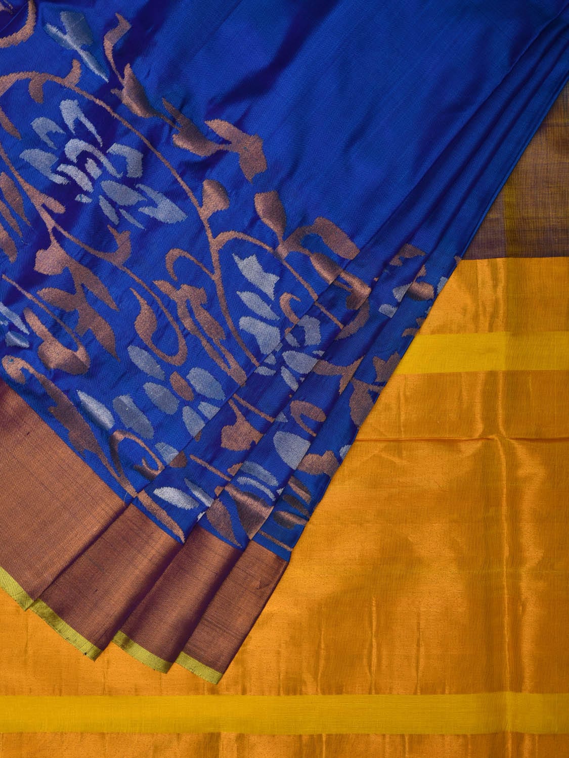 Blue and Yellow Uppada Silk Handloom Saree with One Side Border Design - Global Threads | Swadesiicart