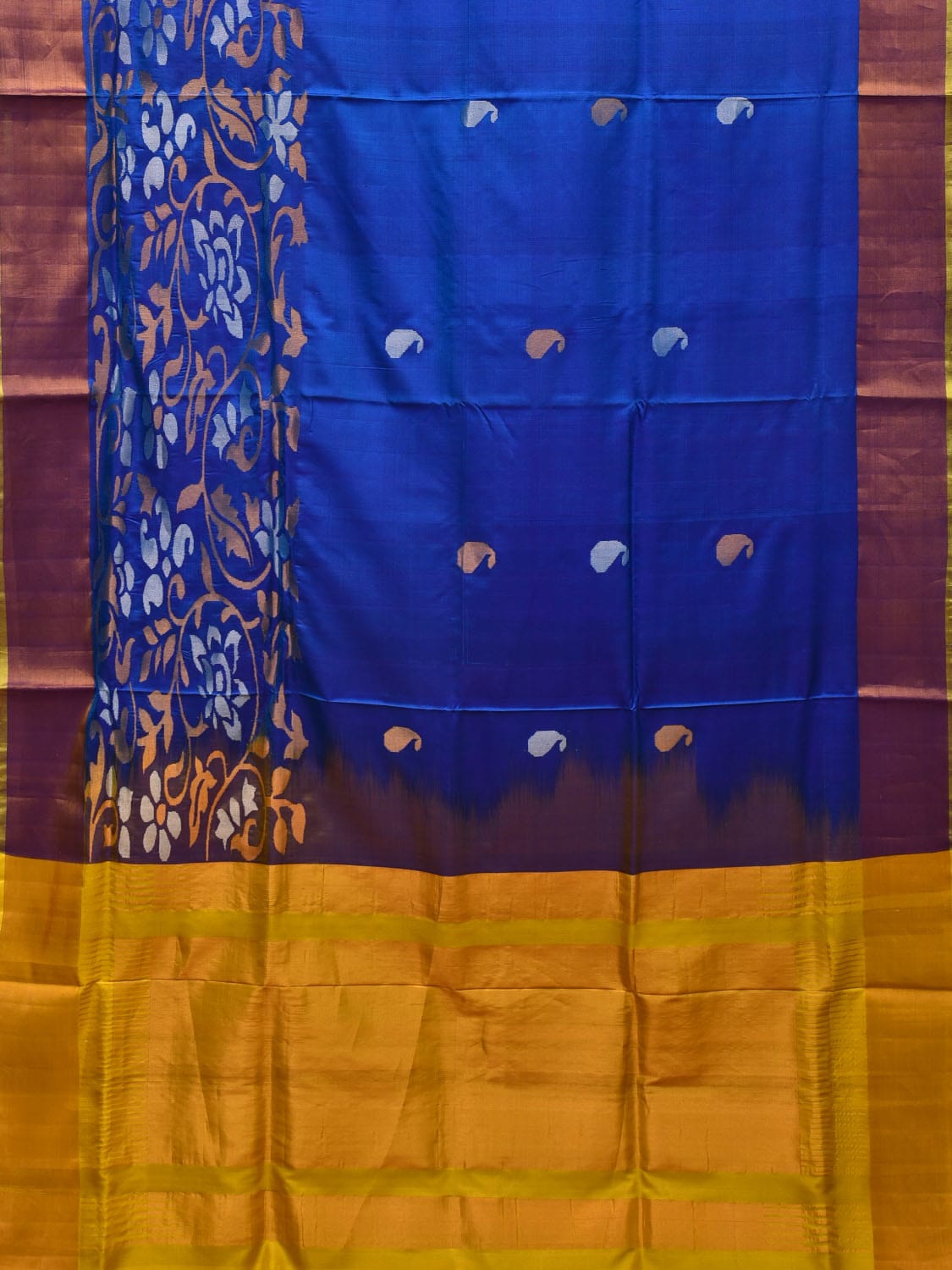 Blue and Yellow Uppada Silk Handloom Saree with One Side Border Design - Global Threads | Swadesiicart