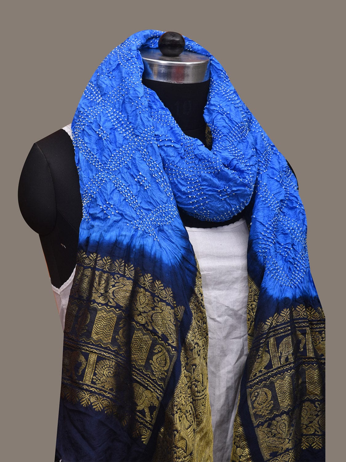 Blue Bandhani Kanchipuram Silk Handloom Dupatta with Border Design - Global Threads | Swadesiicart