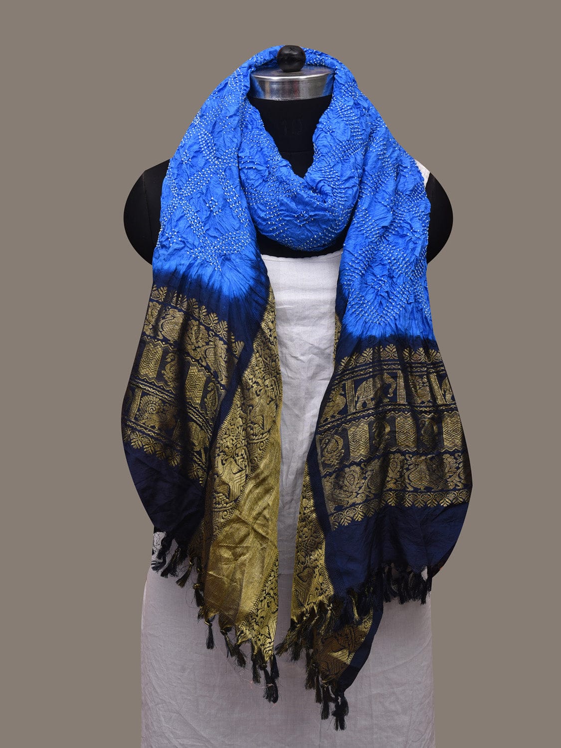 Blue Bandhani Kanchipuram Silk Handloom Dupatta with Border Design - Global Threads | Swadesiicart