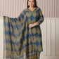 Yufta Blue Block Print Cotton Lace Work Plus Size Kurta Set With Pant & Dupatta