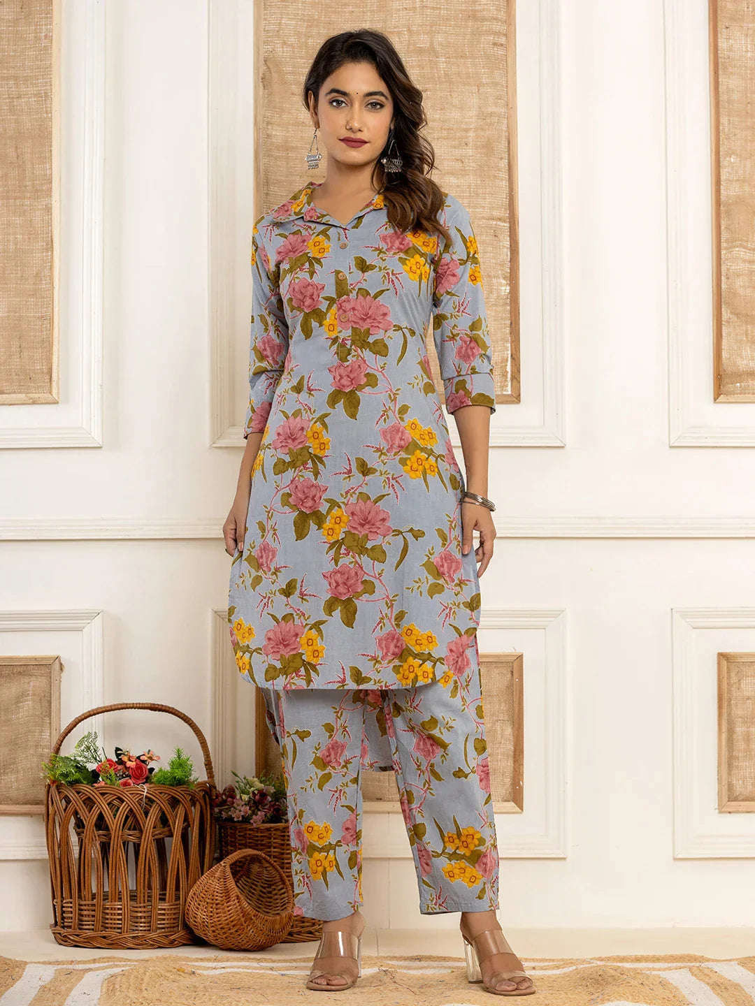Yufta Blue Cotton Floral Print Striped Print Co-Ord Set - Swadesiicart
