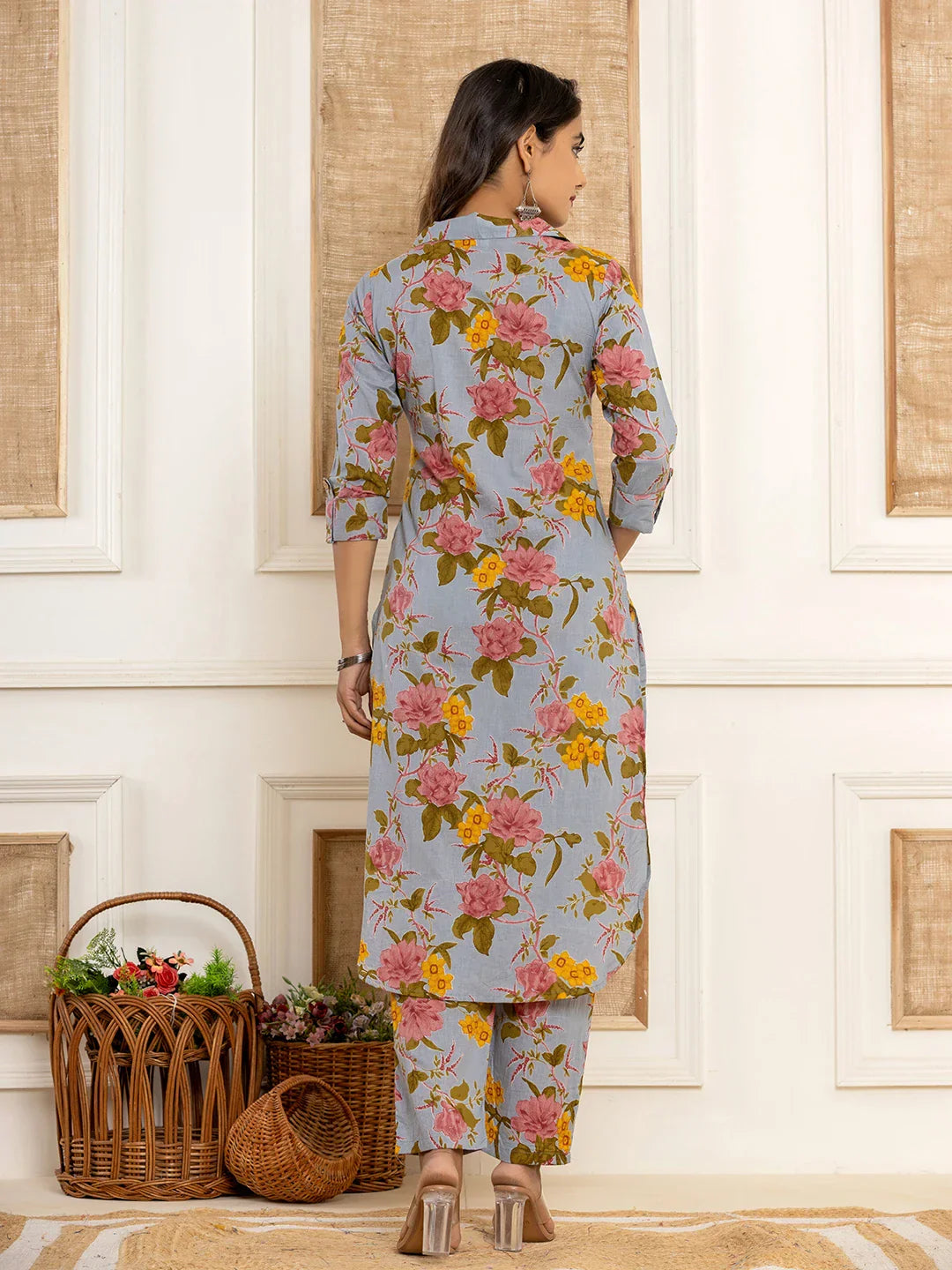 Yufta Blue Cotton Floral Print Striped Print Co-Ord Set - Swadesiicart