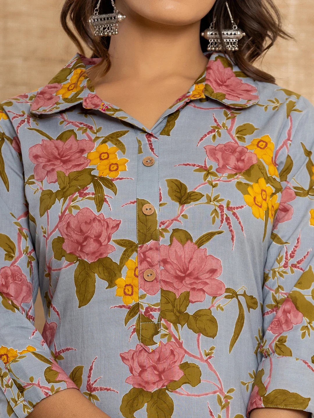 Yufta Blue Cotton Floral Print Striped Print Co-Ord Set - Swadesiicart