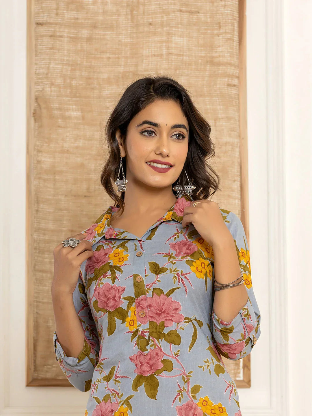 Yufta Blue Cotton Floral Print Striped Print Co-Ord Set - Swadesiicart