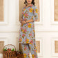 Yufta Blue Cotton Floral Print Striped Print Co-Ord Set - Swadesiicart