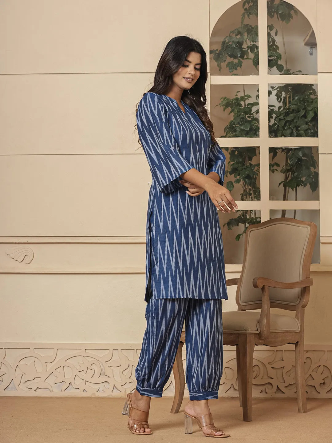 Yufta Blue Cotton Ikat Co-Ord Set - Swadesiicart
