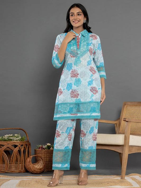 Yufta Blue Cotton Schiffli Co-Ord Set With Lace Detailing - Swadesiicart