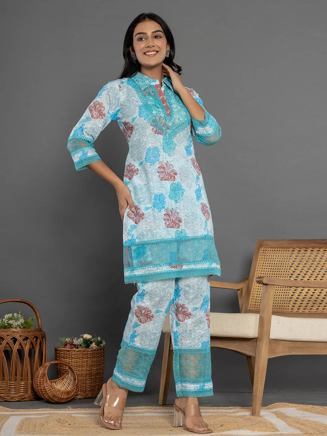 Yufta Blue Cotton Schiffli Co-Ord Set With Lace Detailing - Swadesiicart