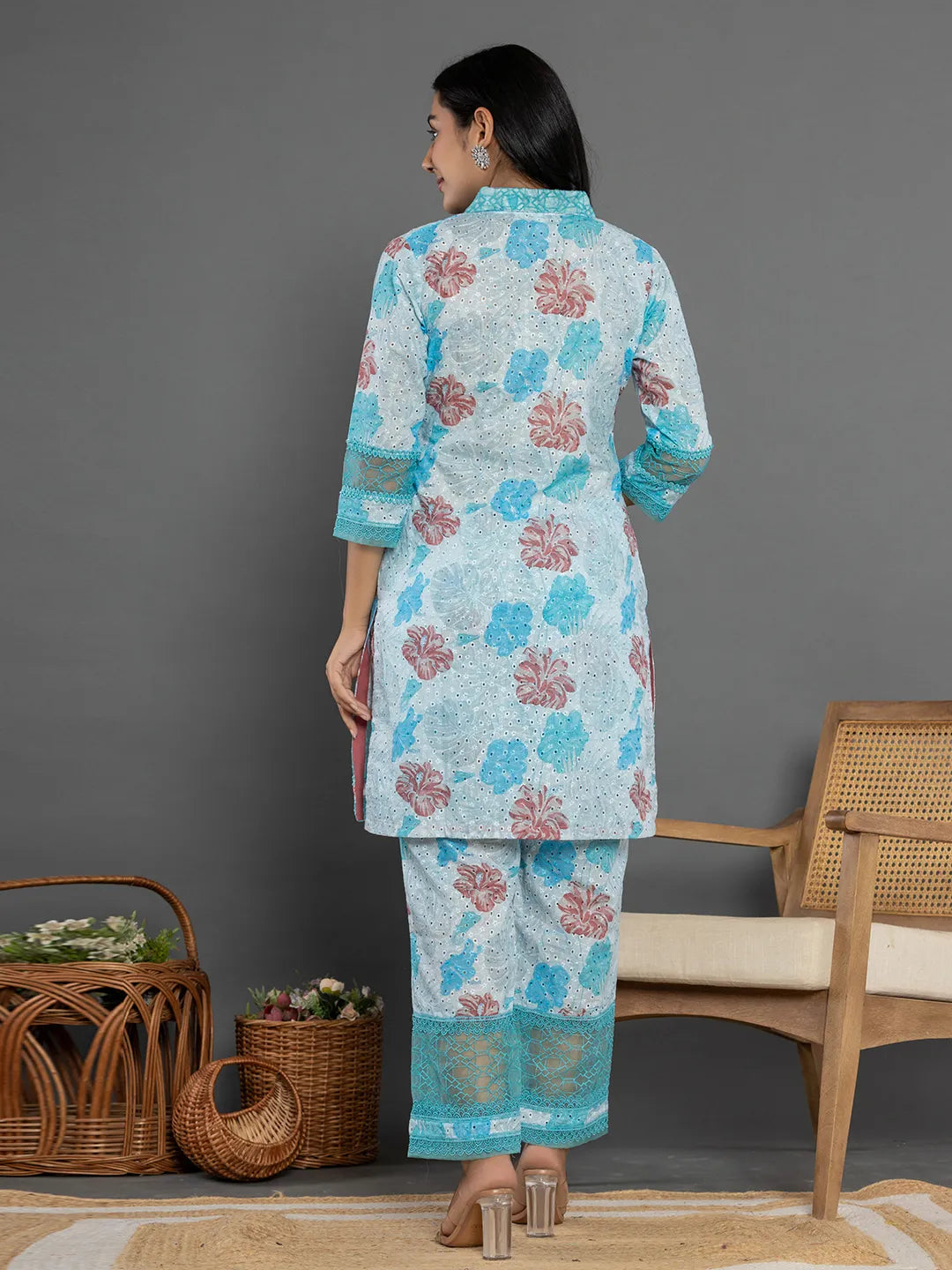 Yufta Blue Cotton Schiffli Co-Ord Set With Lace Detailing - Swadesiicart