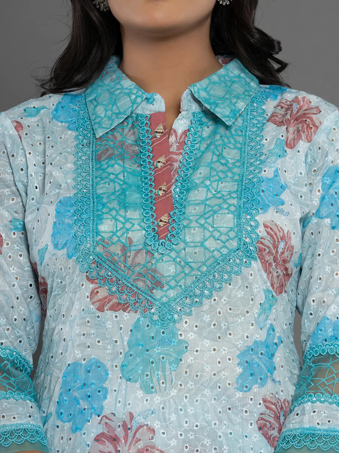 Yufta Blue Cotton Schiffli Co-Ord Set With Lace Detailing - Swadesiicart
