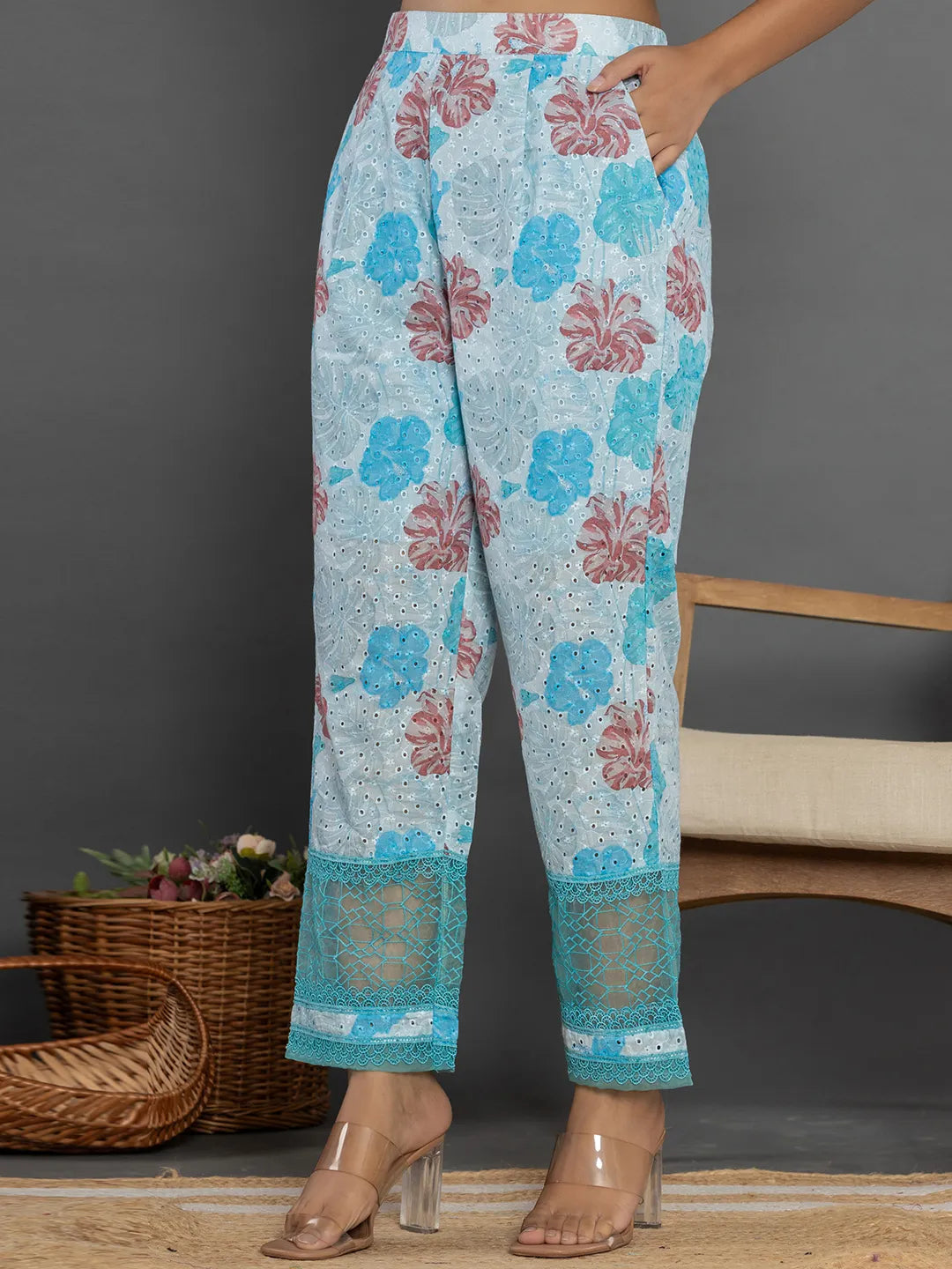 Yufta Blue Cotton Schiffli Co-Ord Set With Lace Detailing - Swadesiicart