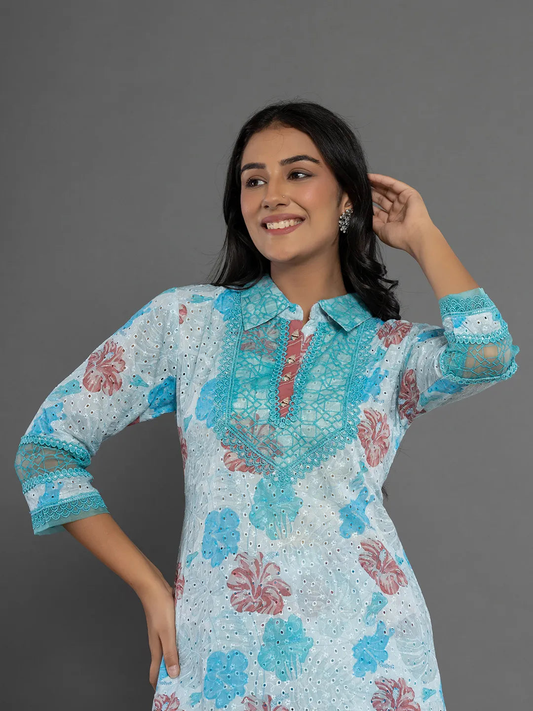 Yufta Blue Cotton Schiffli Co-Ord Set With Lace Detailing - Swadesiicart