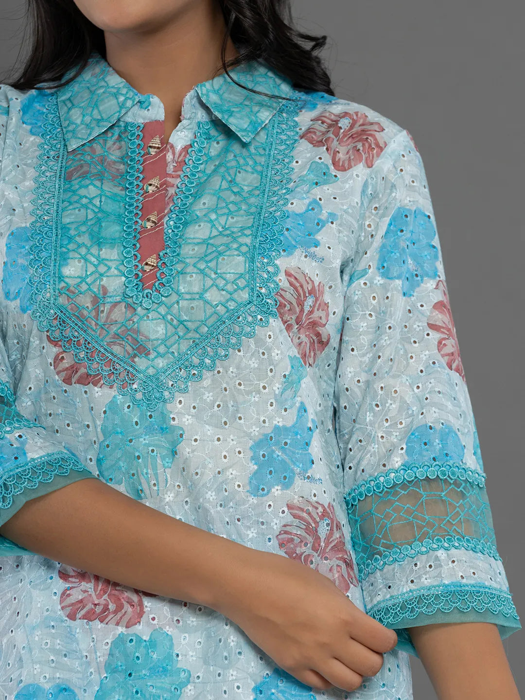 Yufta Blue Cotton Schiffli Co-Ord Set With Lace Detailing - Swadesiicart