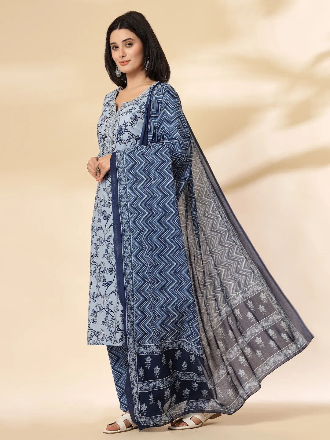 Yufta Blue Floral Sequins-Work Pure Cotton Kurta Dupatta Pant Set