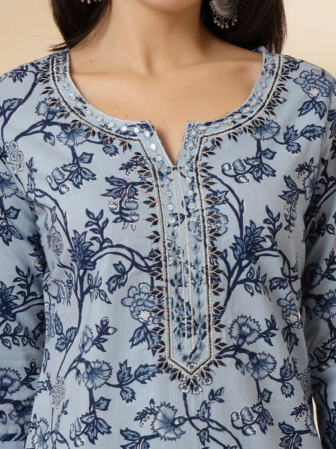 Yufta Blue Floral Sequins-Work Pure Cotton Kurta Dupatta Pant Set