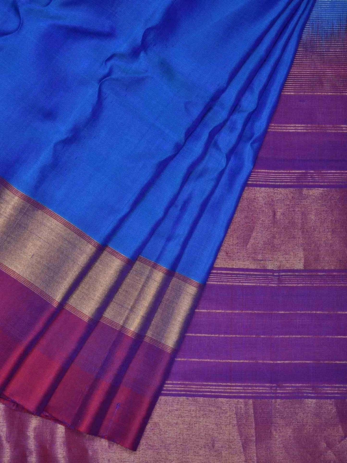 Blue Gadwal Silk Handloom Saree with Strips Border Design - Global Threads | Swadesiicart
