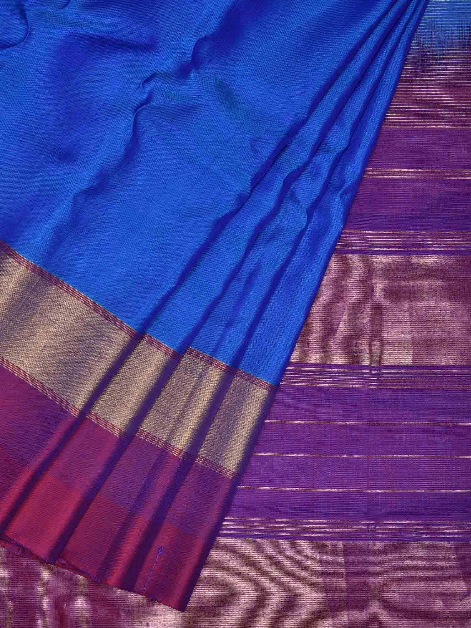 Blue Gadwal Silk Handloom Saree with Strips Border Design - Global Threads | Swadesiicart