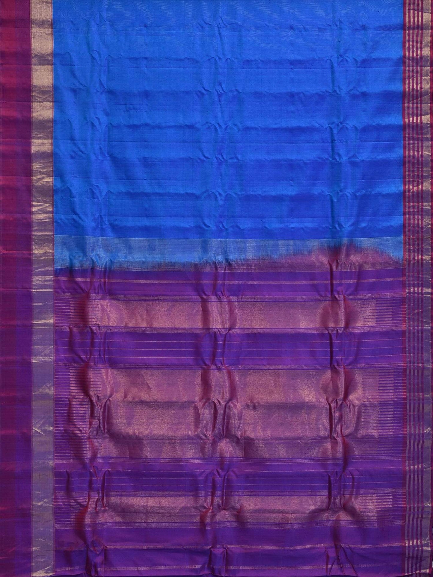 Blue Gadwal Silk Handloom Saree with Strips Border Design - Global Threads | Swadesiicart