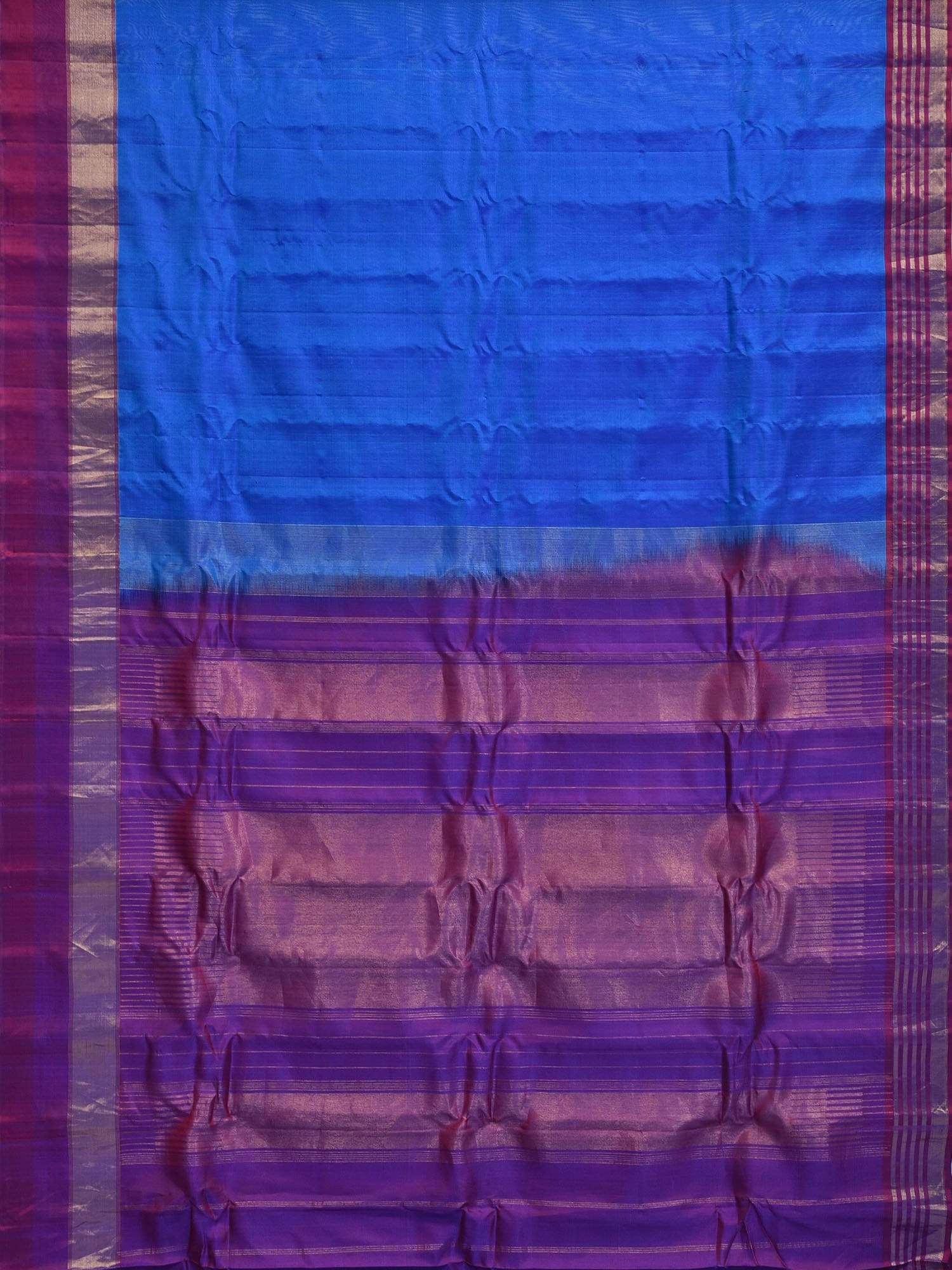 Blue Gadwal Silk Handloom Saree with Strips Border Design - Global Threads | Swadesiicart