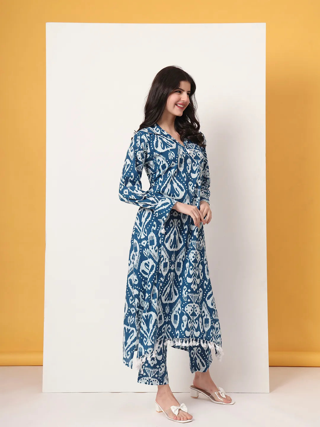 Yufta Blue Ikat Pure Cotton High Low Cord Set - Swadesiicart