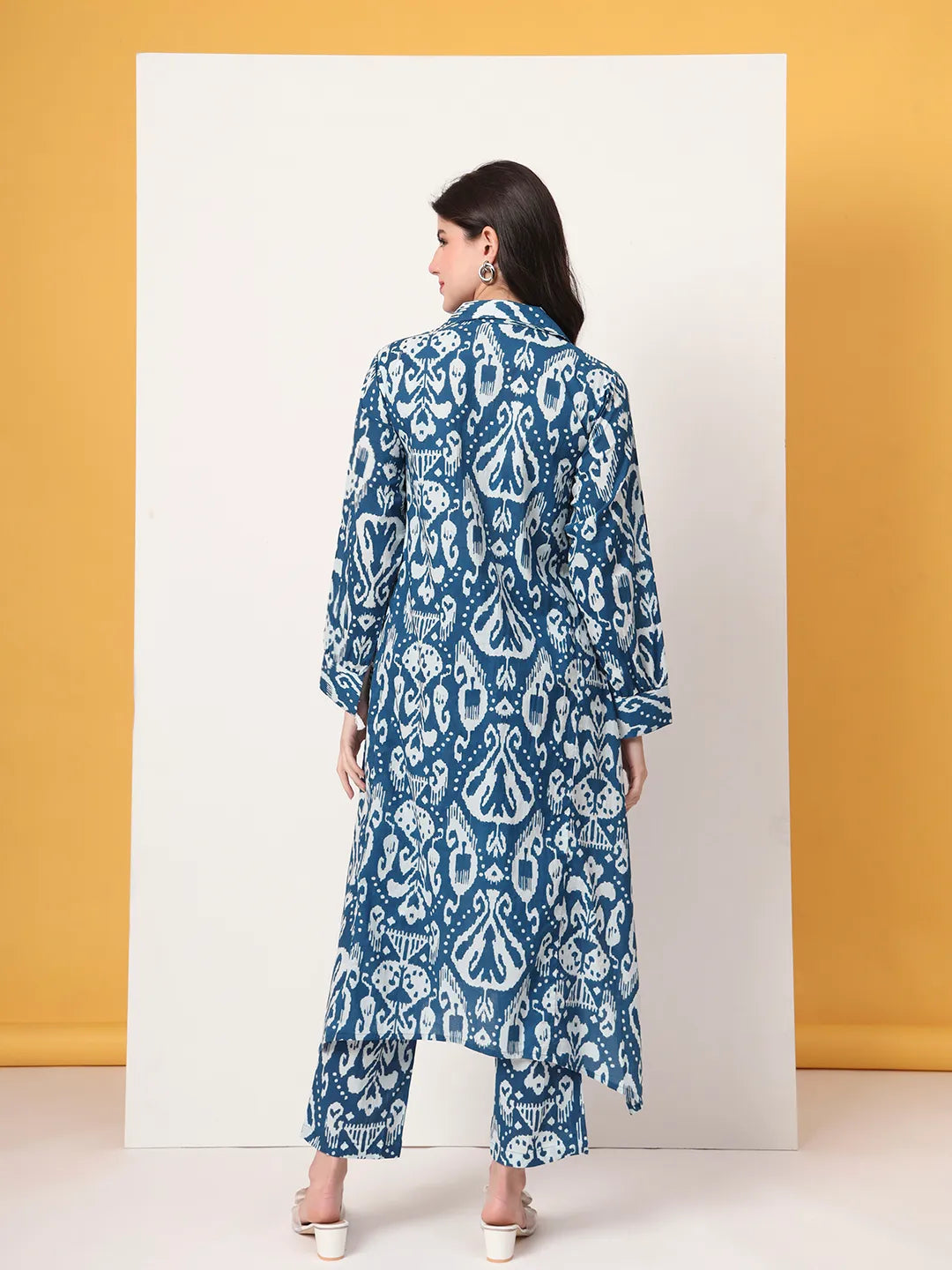Yufta Blue Ikat Pure Cotton High Low Cord Set - Swadesiicart